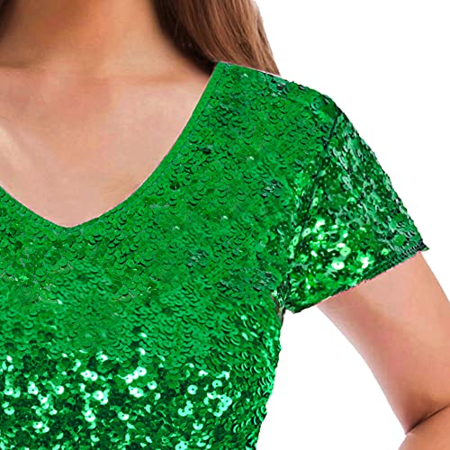 Maner Women's Sequin Glitter Short Sleeve Dress Sexy V Neck Mini Party Club Bodycon Gowns(L,Green) #TOP5