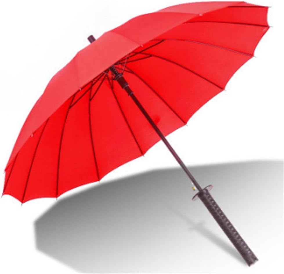 Long Handle Samurai Sword Katana Handle Umbrella Semi-Automatic Pongee Rain Sun Umbrella with 16 Ribs (Red)