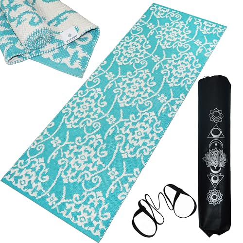 House of Handmade™- Floral Cotton Yoga Mat for Women & Men | 100% Cotton | High Density Anti-Slip Backing, Carry Bag & Strap | Eco-Friendly | 10 MM Thick | Home & Gym Use | Washable, Floral