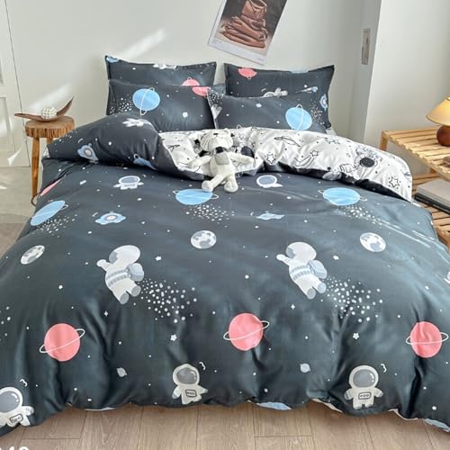 Image of Famyo King Size Bedsheet Set with 2 Pillow Covers, 250 TC Fitted Kids Bedsheet, Comforter & Comforter Cover (5pc Set) - Home Decor, 72x78 inches, Astronaut in Space Design - Grey, White