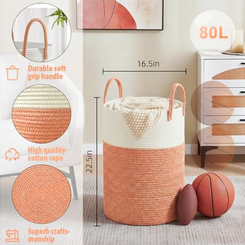 Image of Laundry Basket,Woven Cotton Rope Laundry Hamper,80L for Decor Storage of Dirty Clothes,Toys and Blankets in Bathroom,Baby Room and Living Room