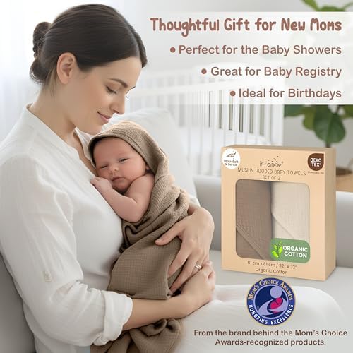 Infancie 100% Organic Cotton Muslin Hooded Baby Towels 2 Pack 81 X 81 CM Shower Towel Soft Breathable Lightweight Quick Dry Gentle On Baby Skin for Newborns and Infants - 4