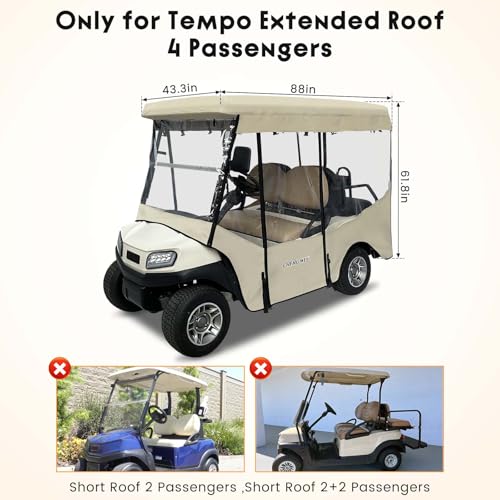 Golf Cart Enclosure for 4 Passenger Club Car Tempo&Onward, 600D Waterproof Transparent Driving Rain Cover, Fit 4-Seater Long Roof with 4-Sided Clear Windows Mirror Openings Roll-up Zipper Door (Beige)