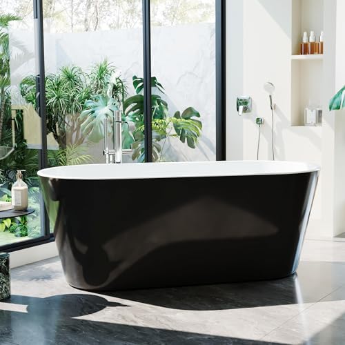 Image of 59 Inch Freestanding Bathtub, Acrylic, Deep Soaking Tub with Non-Slip Base, Modern Black Free Standing Tub for Bathrooms, cUPC Certified with Chrome Drain