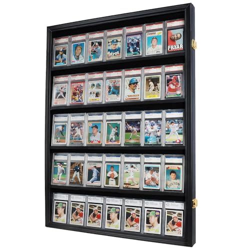Lockable 35 Graded Sports Card Display Case, for Football, Baseball, Basketball, Hockey Cards (Vertical-Black Finish)