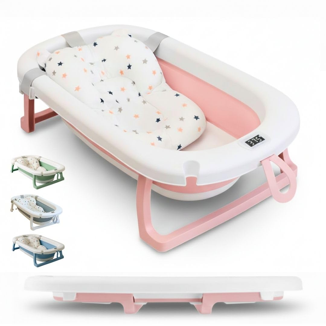 BAÑERA PLEGABLE BEBÉ 5 EN 1 Termómetro + Cojín Protector + Patas Antideslizantes + Tapón de Seguridad | Bebé Recién Nacido | Diseño Plegable en 2 | Fácil de Guardar y Transportar (Azul) — view 13
