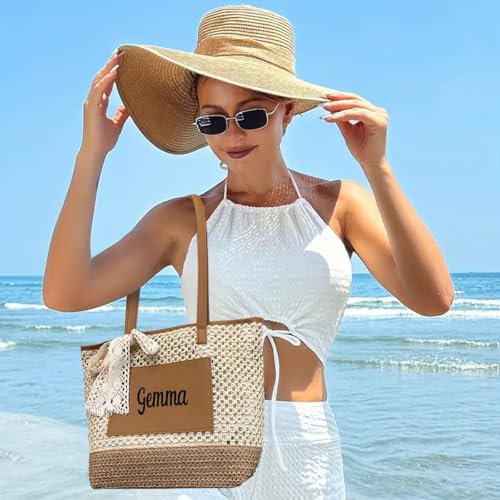 Custom Straw Bag With Embroidered Name,Personalized Handwoven Tote Bag With Cute Lace Bow for Vacation Travel2