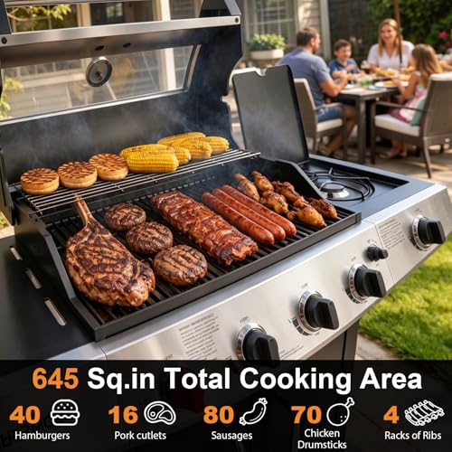 Image of 4 Burners Propane Gas Grill, BBQ Outdoor Grill Barbeque Burner | 62,000 BTU, 645 Sq.in, Searing Burner, Side Burner, Porcelain-Enameled Grates, Stainless Steel, Patio Garden Family Party