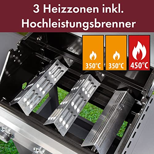 Foto von ProfiCook Gasgrill mit 3 Zonen inkl. Hochleistungsbrenner (bis 450°C), Grill mit 2 gusseisernen Grillrosten und Flaschenöffner, Grillwagen mit Ablage u. Gehäuseschrank für 5kg-Gasflasche - PC-GG 1256