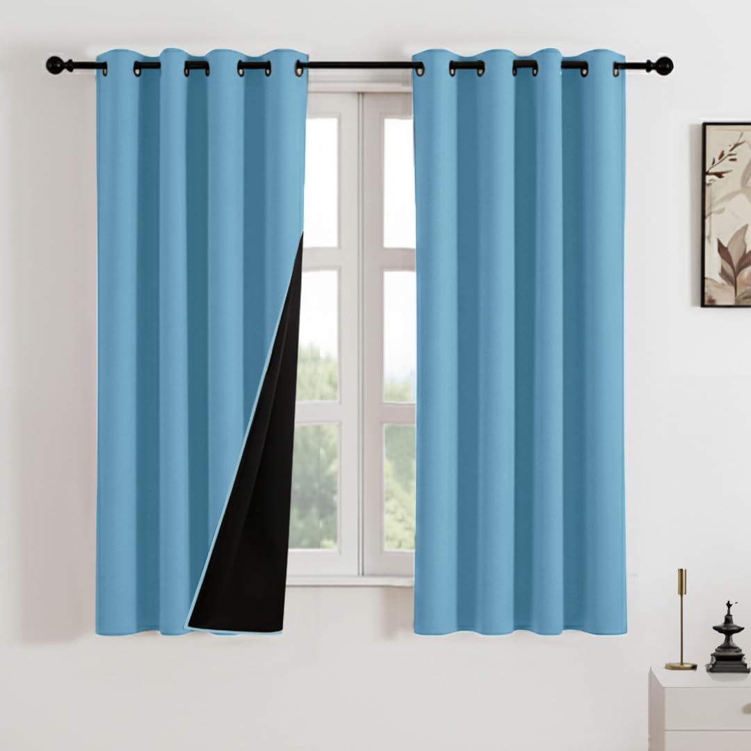 HOMEMONDE 100% True Blackout Curtains 5 Feet Long - Faux Silk Light Blocking Curtains with Black Backing, Energy Efficient and Room Darkening Panels 1 Piece - (60 Inch, Solid Sky Blue)