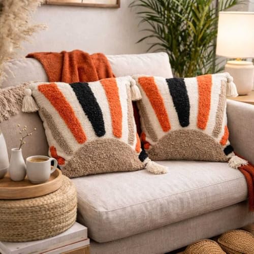 Image of Cushion Cover Pack of 4 (16x16 Inches) | Cotton Textured Decorative Throw Pillow Case for Sofa Bed Living Room Tufted Cushion Cover with Tassels (Multicolor)