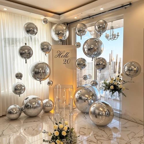 Image of 14 Pcs Silver Round Foil Balloons 22 /15 /10 4D Ball Balloons Metallic Silver Balloon Ornament Mylar Balloon Chrome for Graduation Birthday Wedding Anniversary New Year Disco Party Decorations