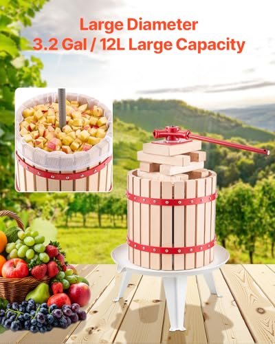Image of VEVOR 3.2 Gal /12L Fruit Wine Press, Solid Wood Basket with 8 Blocks, Heavy Duty Manual Juice Maker, Cider Apple Grape Tincture Honey Olive Oil Making Press with Handle for Kitchen, Home