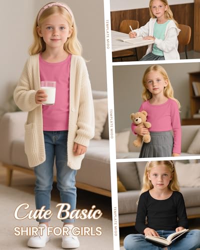 3 Pack Girls' Long Sleeve Shirts Round Neck Soft Tunic Tops Loose Fit Casual Basic Pullover Tee for 5-14 Years3