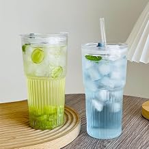 Raineed Glass Cup with Straw, Glass Cup, 20.3 fl oz 600 ml, Tumbler, Transparent, Simple, Heat Resistant Glass, Drinking Cup, Glass Mug, Handle, Lid, Straw Included, Handle, Leak-Proof, Cafe Style