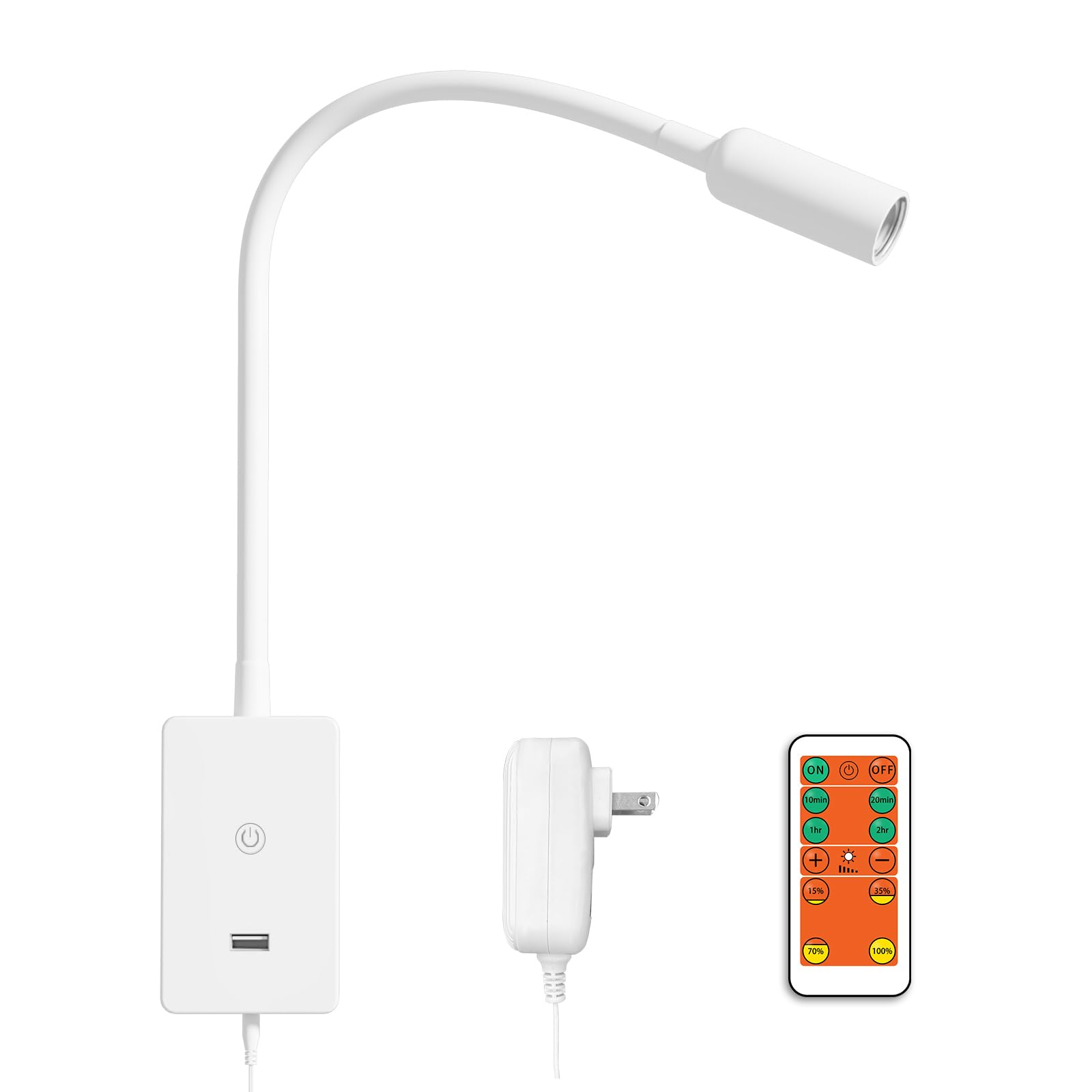 ENUOTEK LED Wall Mounted Reading Light, Bedside Book Lights with Wireless Remote Control for Bed, Flexible Bedroom Spot Lamp, Dimmable Neutral White 4000K Lighting, Timer Function, 5V 2A USB Output