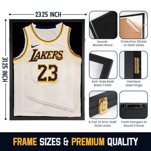Image of Jersey Wooden Frame Display Case -Shadow Box with 98% UV Protection Acrylic and Hanger for L or XL Baseball Basketball Football Hockey Sport Shirt and Uniform (Black, 4 Packs)