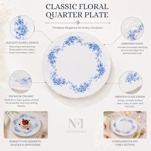 Image of NFI essentials 8 inch Ceramic Quarter Plate with Elegant Blue Floral Design, Premium Serving Plate for Snacks, Desserts, Breakfast & Appetizers, Microwave & Dishwasher Safe