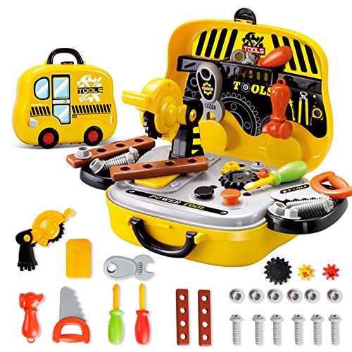 28 Piece Kids Tool Set Pretend Play Disassembly Tool Box For Toddlers Boys and Girls Gift 28x25x37.5cm (YELLOW)