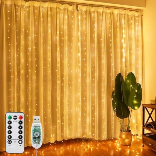 POIFL Tenda luminosa USB, Tenda Luminosa Natale,3x3m 300LED Tenda Luci