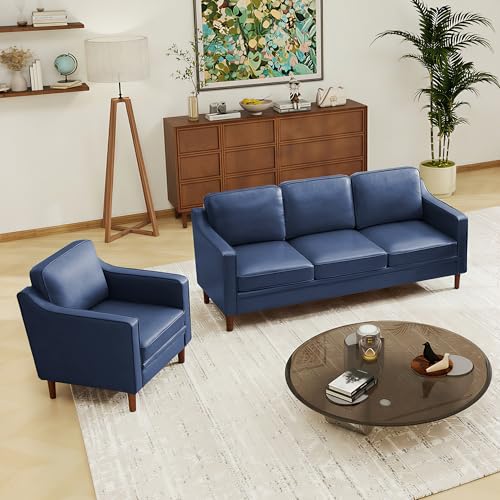 Image of Kingfun Couch Sets for Living Room, 3 Seater Couch and Armchair, Mid Century Modern Sofa Set, Faux Leather Couch with Solid Wood Frame for Bedroom
