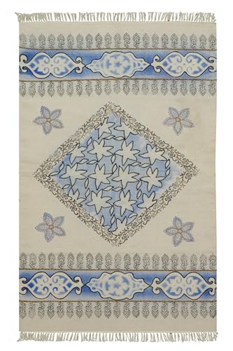 CASAVANI Kelim Teppich, 5 x 7,6 cm, für den Innen- und Außenbereich, Beige / Blau, Baumwollteppich, Stickerei, waschbar, Dhurrie-Flachgewebe, Teppiche für Eingangstor, Bad, Küche