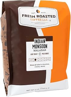 Fresh Roasted Coffee, Indian Monsoon Malabar, 5 lb (80 oz), Light Roast, Kosher, Whole Bean