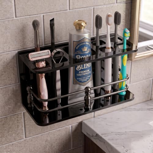 Image of self Adhesive Wall Mounted Acrylic Toothpaste Holder,Toothbrush Stand,Toothpaste Tubler for Bathroom Organizer Rack for Home(Black Acrylic) (Full S.S Black)