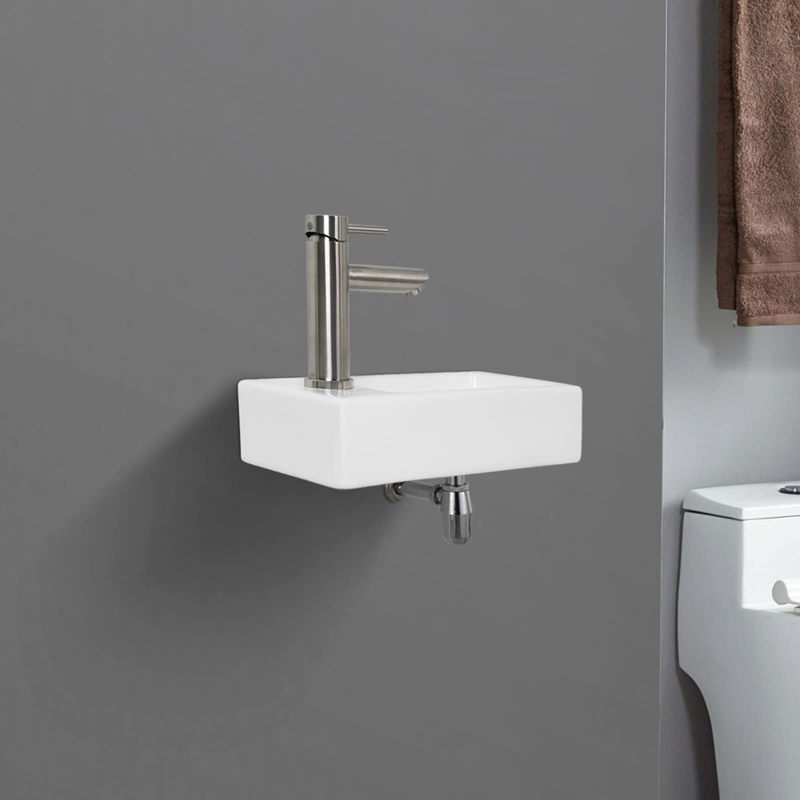 Ibergrif M41102-L, Lavabo Lave Main Blanc Rectangulaire & Wirquin 30719890 Siphon de lavabo en laiton Ø32 avec sortie murale et réglable en hauteur, chromé