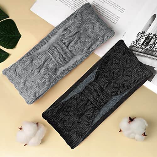 Foto von Stirnband Damen Winter, EYCLFY Stirnbänder Damen Winter Gefüttert Fleece Haarband, Elastische Kopfband Gestrickte Headband Frauen Haarreifen Strick Headwrap 2 Stück (Dunkelgrau + Hellgrau)