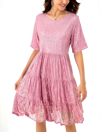 Sequin Babydoll Summer Dress，Sparkly Glitter Dress Short Flowy Tiered Tunic Dress for Women Party Club Night