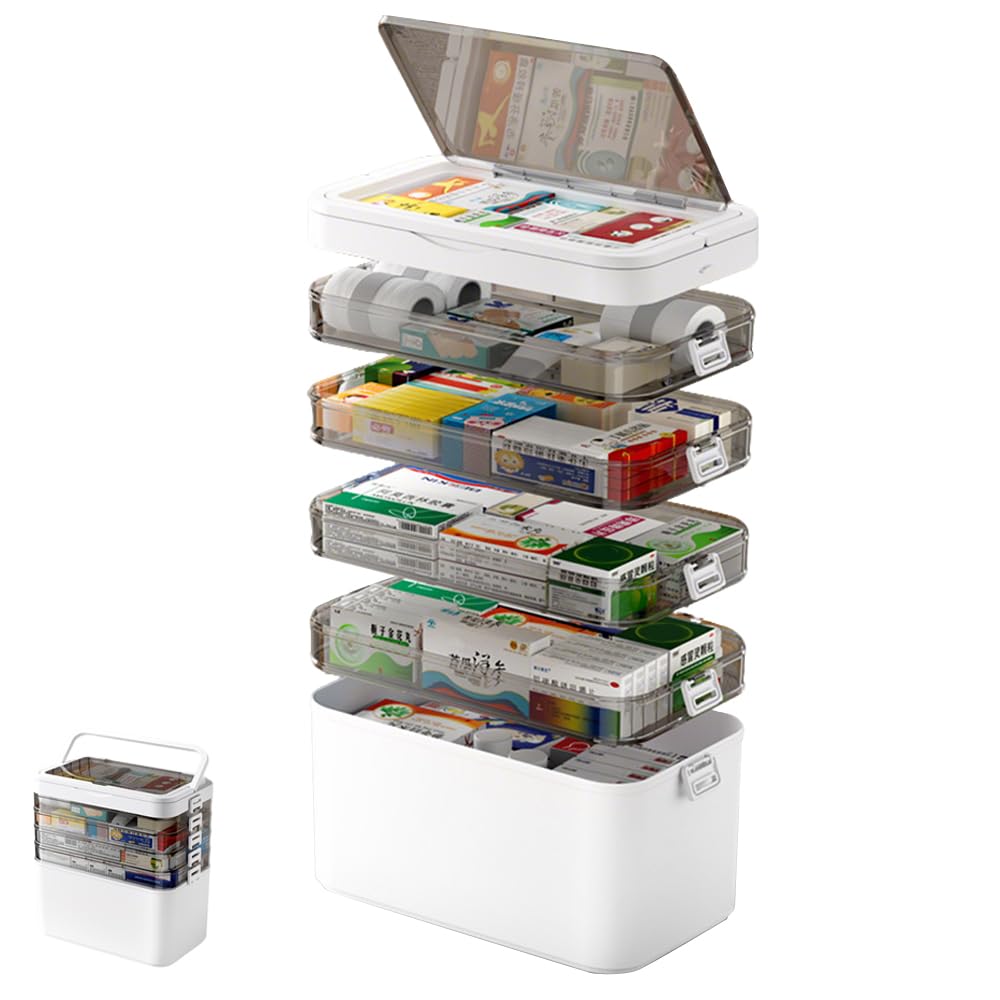 6-stöckige Medizin-Aufbewahrungsbox mit Griff, tragbare leere Medikamentenbox, Erste-Hilfe-Kasten mit feuchtigkeitsbeständigem und lichtblockierendem Material, großer Medizin-Organizer für