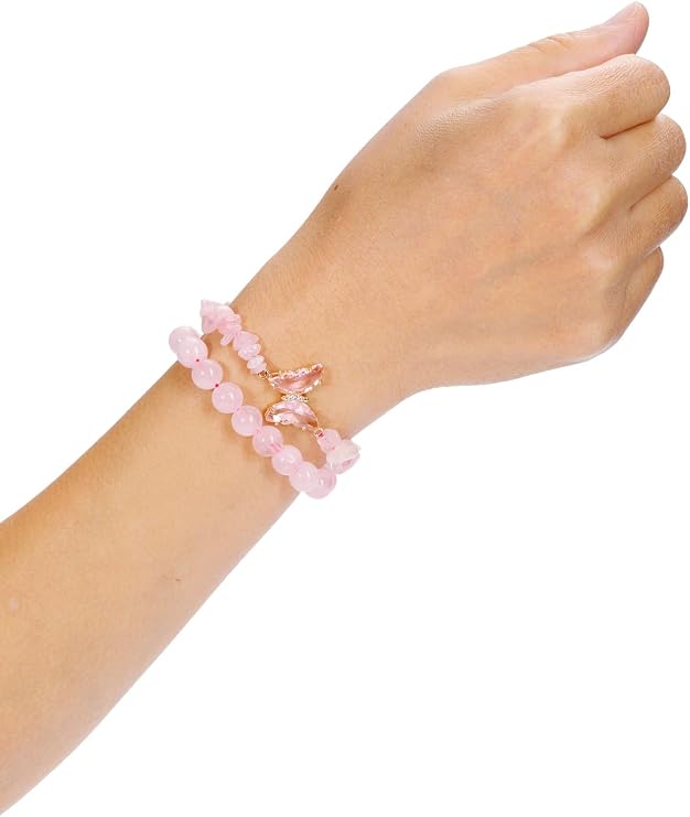CrystalTears クリスタルブレスレット 女性用 2個 天然ヒーリング宝石ビーズブレスレット バタフライチャーム ストーンレイヤードブレスレット ギフト レディース