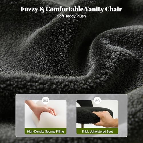 Image of DurayLoly Vanity Chair with Wheels, Soft Teddy Fleece Desk Chair, Breathable Open-Back, Height Adjustable Armless for Makeup Room, Bedroom, Dorm, Home Office, Black