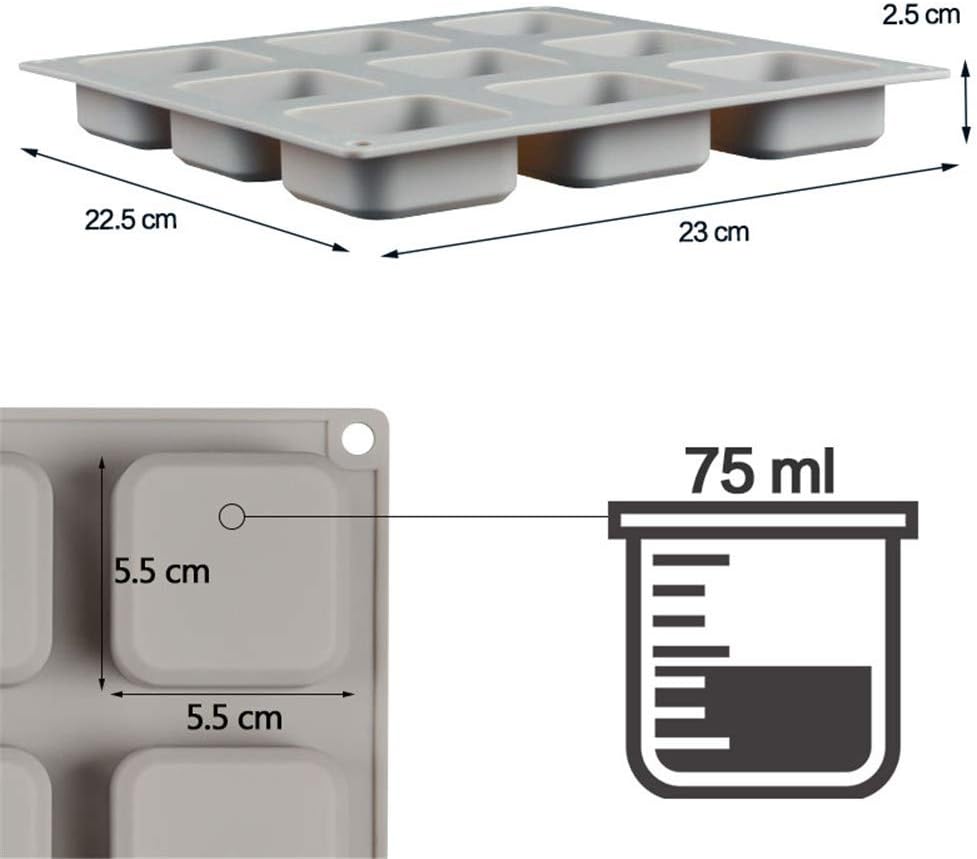 SJ Square Silicone Mold for Soap Making, 9 Cavities Handmade Silicone Soap Mold Candle Mold Lotion Bar Mold (Gray, Pack of 1)…