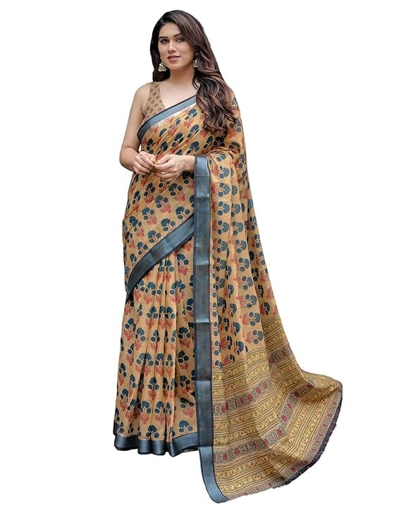 Handloom Linen Floral Printed Saree with Tassels on Edges & Attached Blouse Piece | 5.5 Meter Saree + 0.8 Meter Blouse