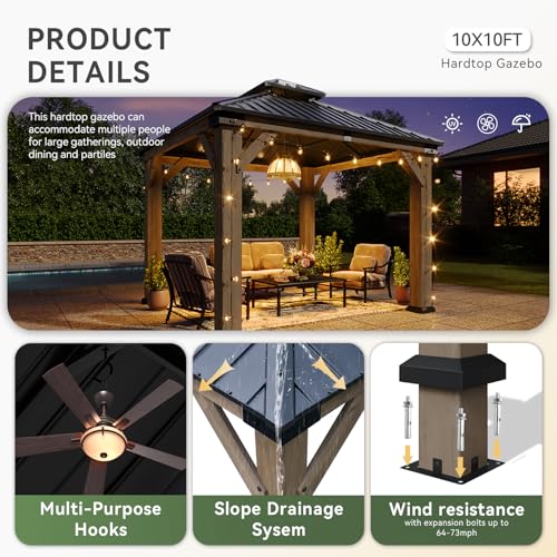 Image of Aoxun 10' x 10' Outdoor Wood Gazebo, Hardtop Gazebo Permanent Wooden Pavilion with Galvanized Steel Double Roof, for Patio, Garden, Deck, Cedar Wood, Grey