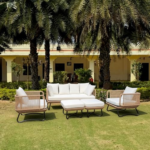 Image of Amazon Brand - Solimo Harbor Outdoor Rope Sofa Set | Balcony Sofa | Patio Conversation Sets | Braided Rope Garden Sofa Set and Ottoman (7 Seater - Beige)