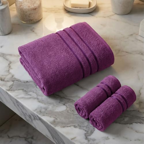 Image of MYTRIDENT Towel Set| Comfort Living | Quick Drying | Travel Friendly | for Men /Women | 3 PC Towel Set | 1 Bath (70 cm x 140 cm) 2 Hand (40 cm x 60 cm) | 100% Cotton 400 GSM - Black Currant