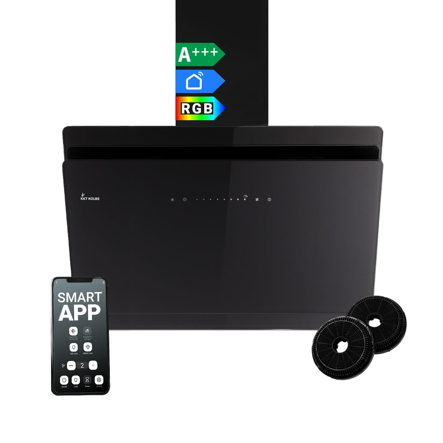 KKT KOLBE A+++ Campana extractora de 80 cm 782 cbm/h, recirculación, sin cabeza, campana de pared | cristal negro | automático | aplicación WiFi inteligente | SensorTouch | iluminación LED RGBW |