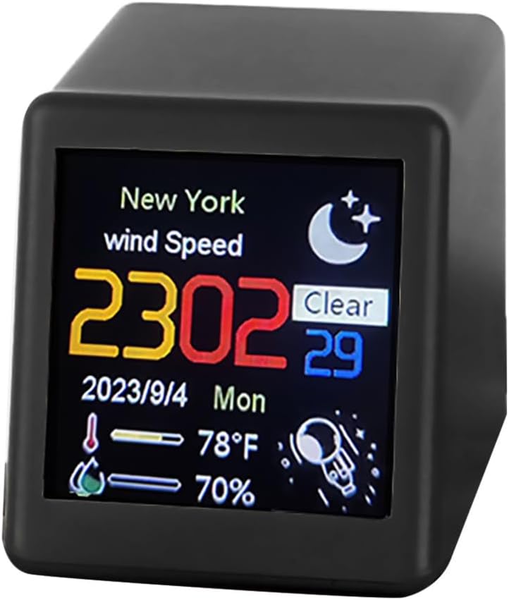 Black Mini Clock Desktop Smart Digital WiFi Web Weather Clock with 1.5Inch Display Screen