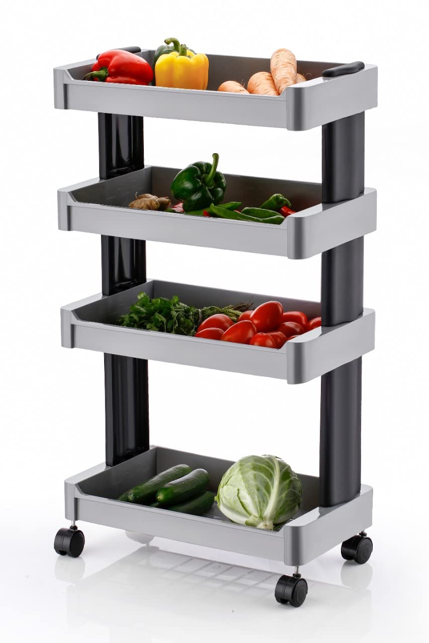 NEWON 4-Tier Multipurpose ABS Plastic Space Saving Storage Rack Organizer with Wheels (4 Tier, Grey)
