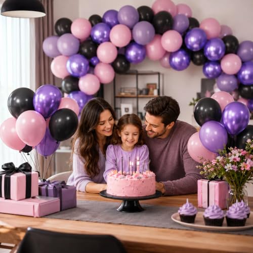 Image of Purple Pink Balloons, 12 Inchs Black Pink Purple Metallic Purple Balloons, Pink and Black Birthday Balloons for Birthday Party Baby Shower Wedding Decorations
