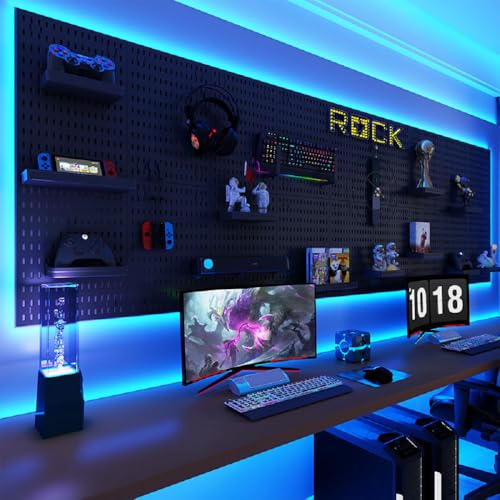Image of Peg Board with RGBIC LED Strip Lights,2PCS Metal Pegboard Panels,Heavy Duty Pegboard Gaming Room Wall Organizer with Hooks,DIY RGB Gaming Setup Organizer Peg Board Wall Mounted 12 * 24 inch