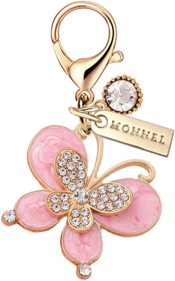 MC489 Crystal Butterfly Lobster Clasp Charm for Women with Velvet Bag (Pink,1 Piece)