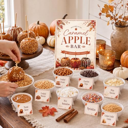 Image of Marspark 14 Pcs Caramel Apple Dipping Bar Station Decorating Set for DIY Candy Apple Corners Fall Dessert Table Sign with Stand and Cards for Fall Autumn Thanksgiving Table Decorations (Autumn Color)
