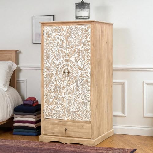 Image of The Attic Jodhpur Carving Wardrobe, Solid Wood Multiple Utility Storage, Cupboard Organiser, Clothes Organizer, Wardrobe for Clothes Wooden, almirah for Clothes Wooden, Natural + White Matte Finish