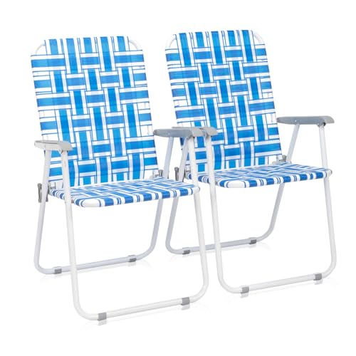 Webbed Lawn Chairs Folding Aluminum Set of 2, Patio Lawn Chairs , Folding Beach Chair, Lightweight Aluminum Frames and UV-Resistant Webbing, Camping Chairs Set for Yard, Garden,Blue & White Strip