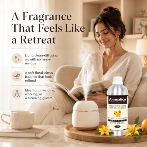 Image of AROMATICO Ylang Mandarin Diffuser Oil with Strong, Long-Lasting Aroma. Premium Aroma Oil for Homes, Offices & Showrooms. For Aromatherapy, Diffusers, Air Purifiers, Vaporizers - 1 L (1000 ml)