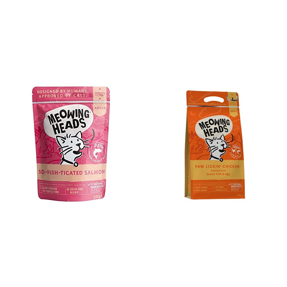 Meowing Heads Wet Cat Food - So-fish-ticated Salmon - 93% Natural Salmon Pouches with No Artificial Flavours, Grain-Free Recipe (10 x 100 g) & Paw Lickin’ Chicken 1.5kg x 1